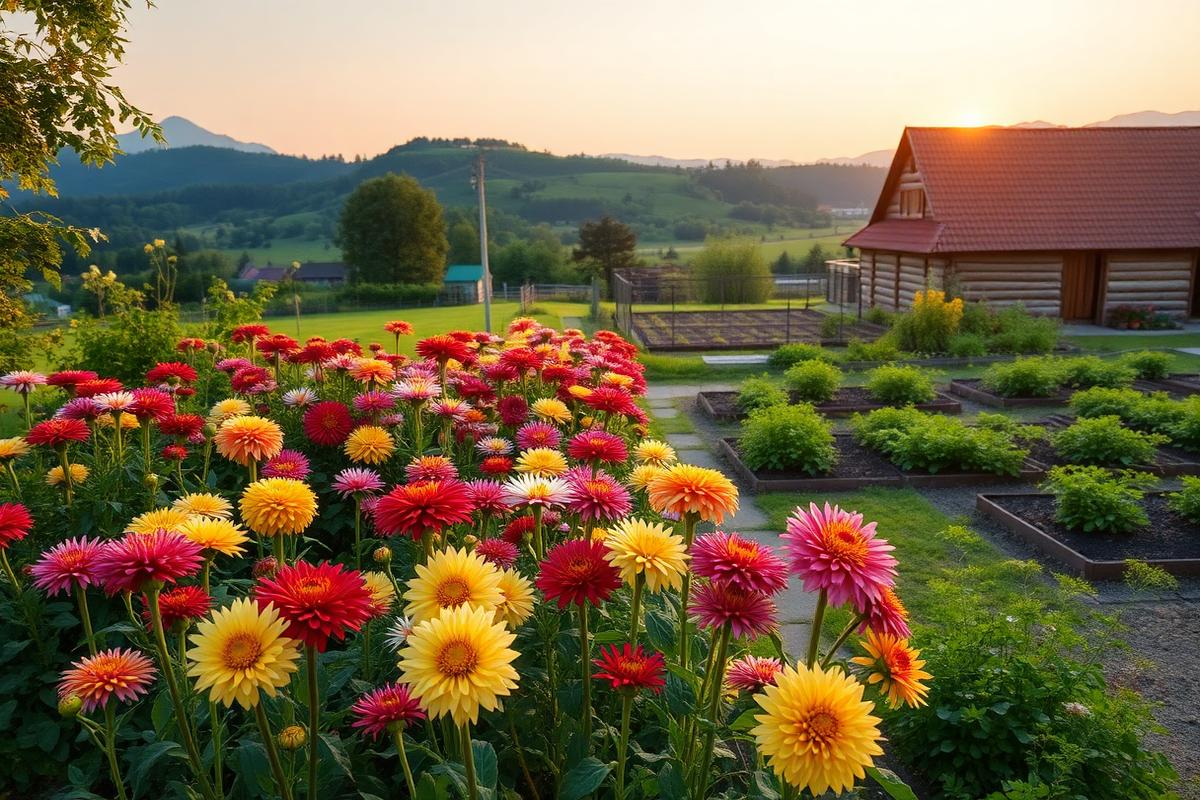 Blühende Dahlien in Rot und Gelb vor Gemüsebeeten des Bauerngartens.