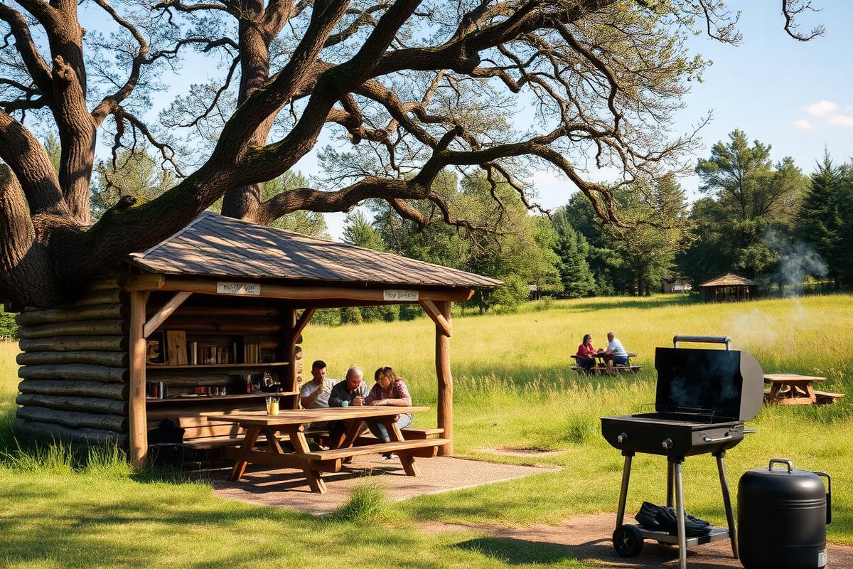 Familie sitzt an Picknicktischen vor einer Grillhütte unter alten Bäumen.