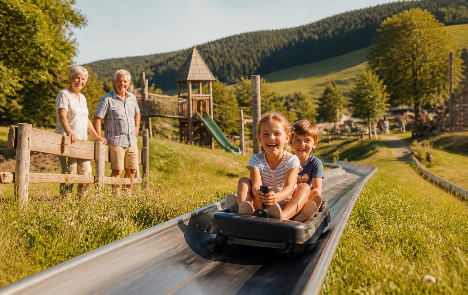 Zwei Kinder fahren lachend auf der Sommerrodelbahn den Hang hinunter, Großeltern schauen zu.