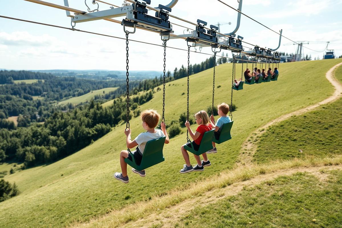 Kinder sitzen in den Sitzen der Sesselbahn und schweben über die grüne Hangwiese.