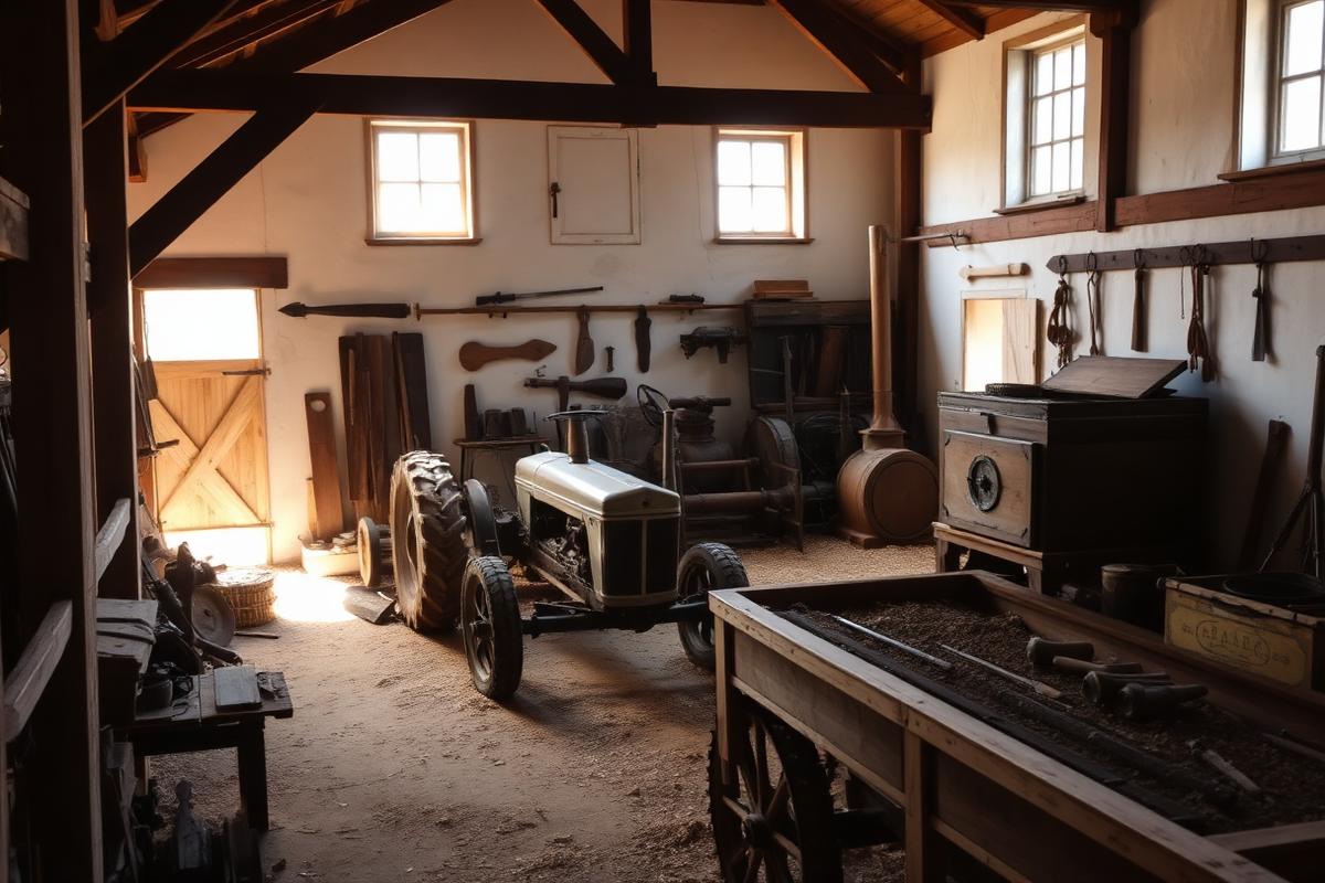 Historischer Traktor und alte Dreschmaschine im überdachten Landwirtschaftsmuseum.