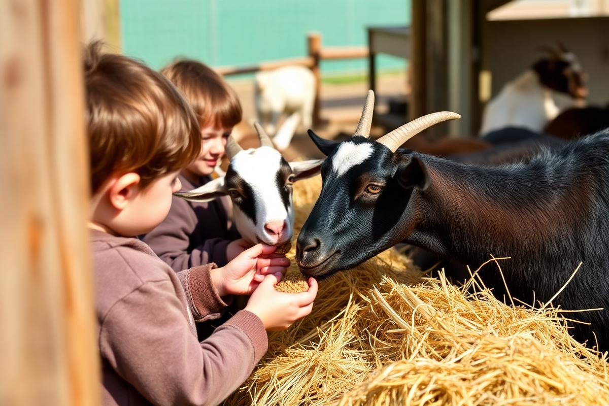 Kinder füttern Ziegen am Zaun des Streichelzoos.